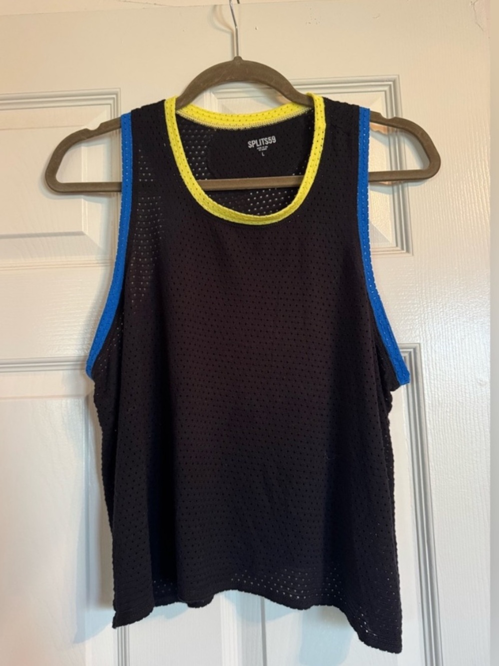 Splits59 Black Mesh Muscle Tank with Yellow Neckline & Blue Trim